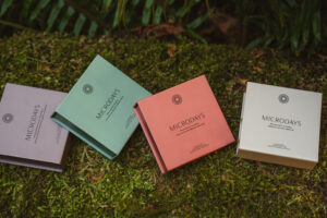 Four MicroDays chocolate boxes arranged on forest moss